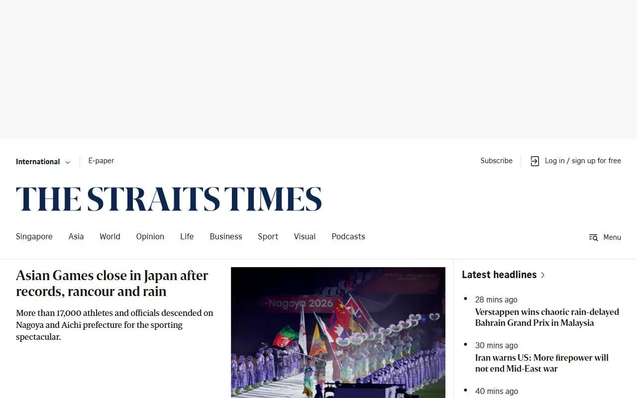 Tampilan website resmi The Straits Times (straitstimes.com)