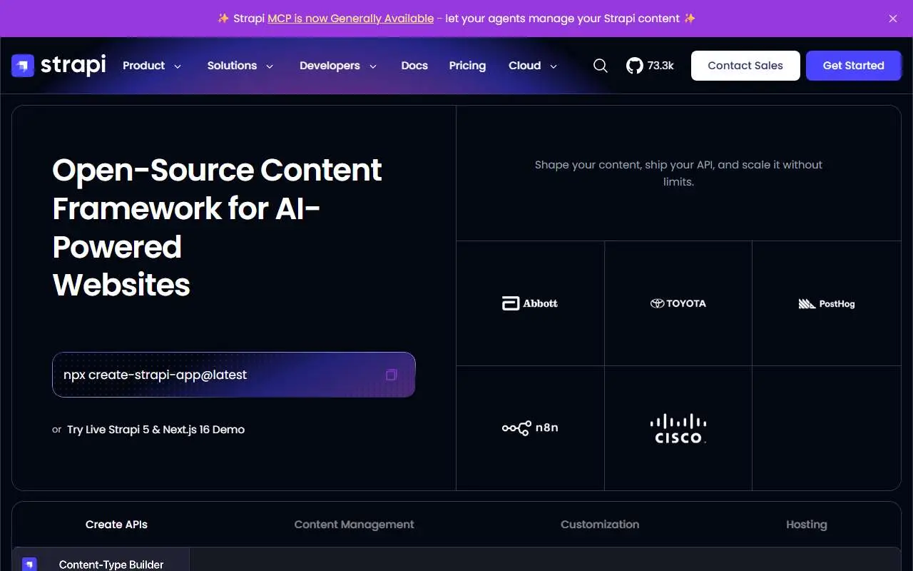 Tampilan website resmi Strapi (strapi.io)