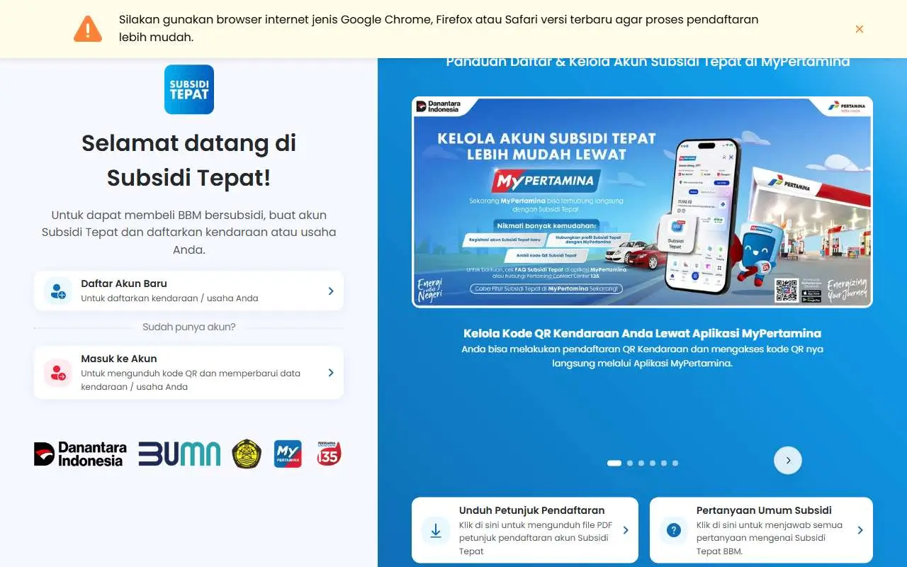 Tampilan website resmi Subsidi Tepat MyPertamina (subsiditepat.mypertamina.id)