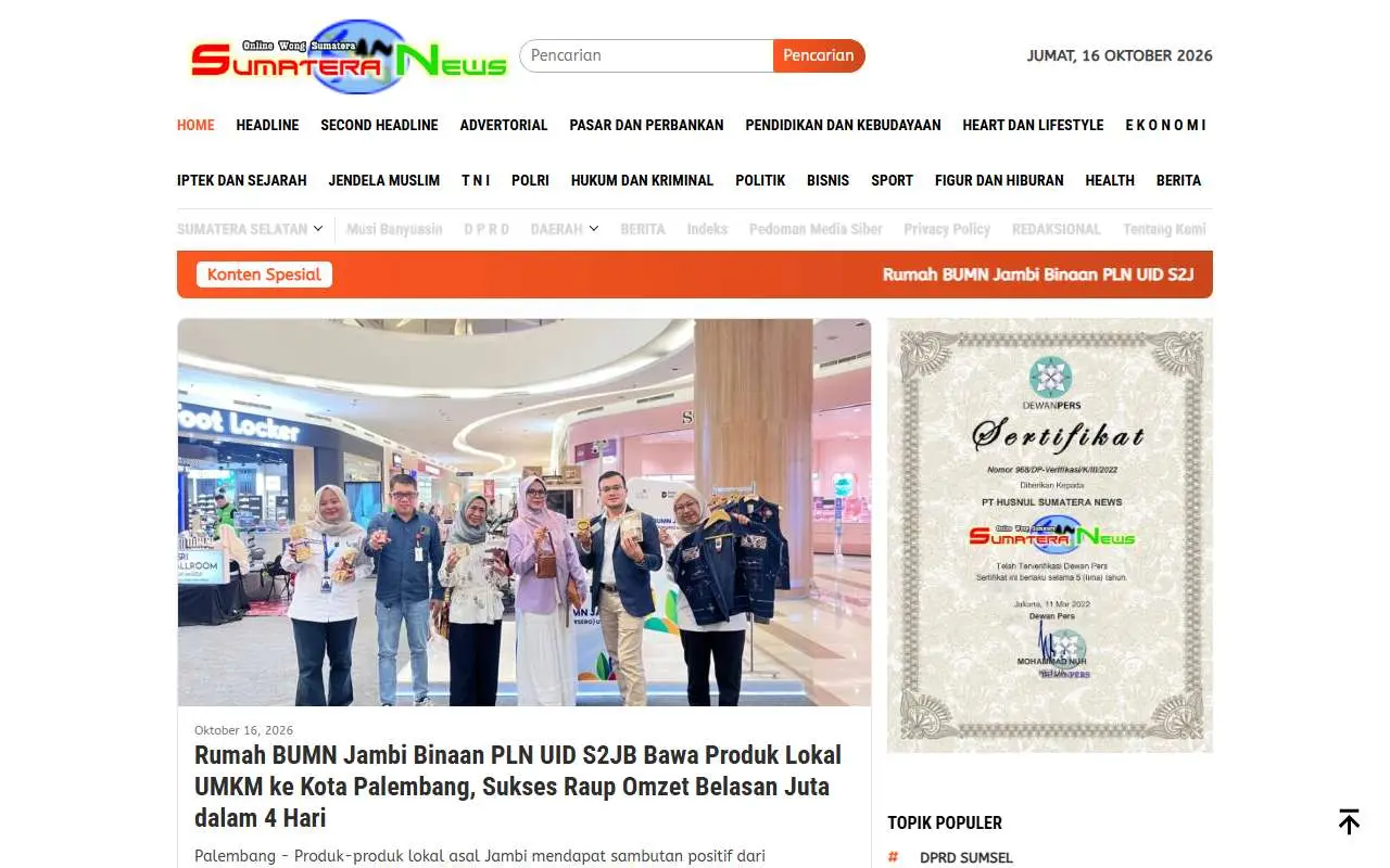 Tampilan website resmi Sumatera News (sumateranews.co.id)