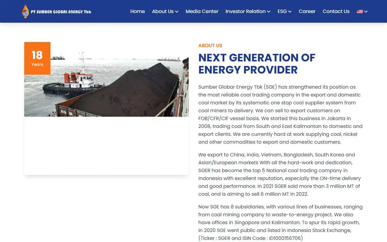 Tampilan website resmi Sumber Global Energy (sumberglobalenergy.co.id)