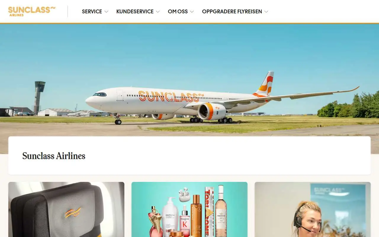 Tampilan website resmi Sunclass Airlines (no.sunclassairlines.dk)