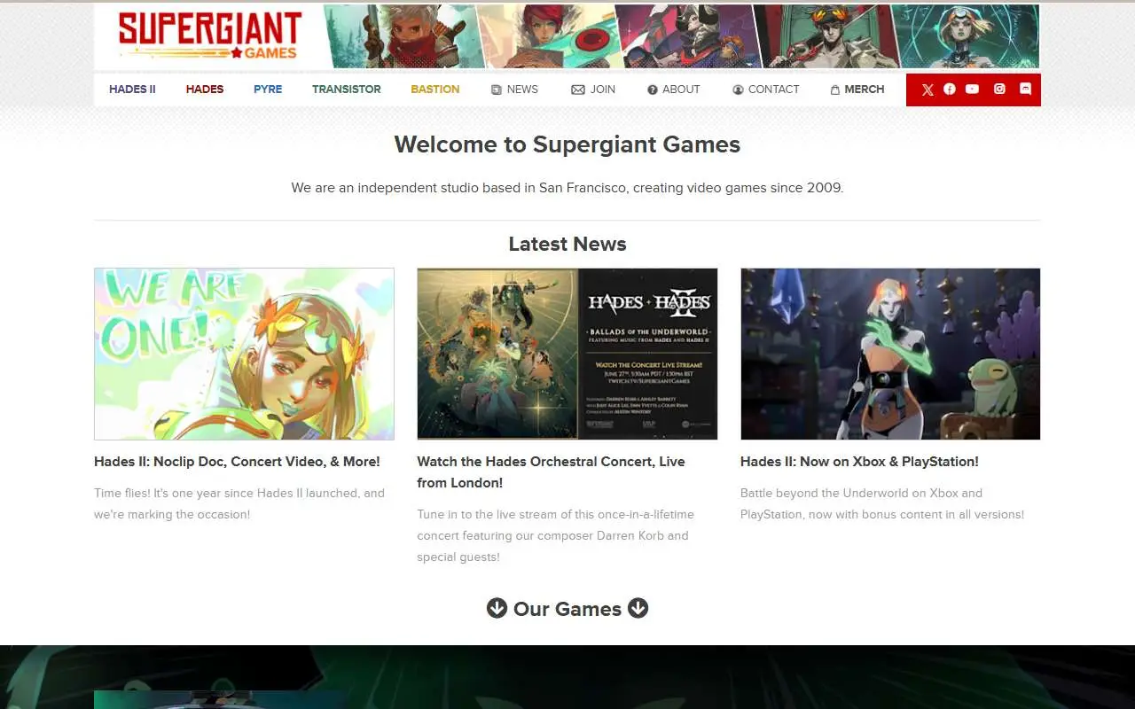 Tampilan website resmi Supergiant Games (supergiantgames.com)