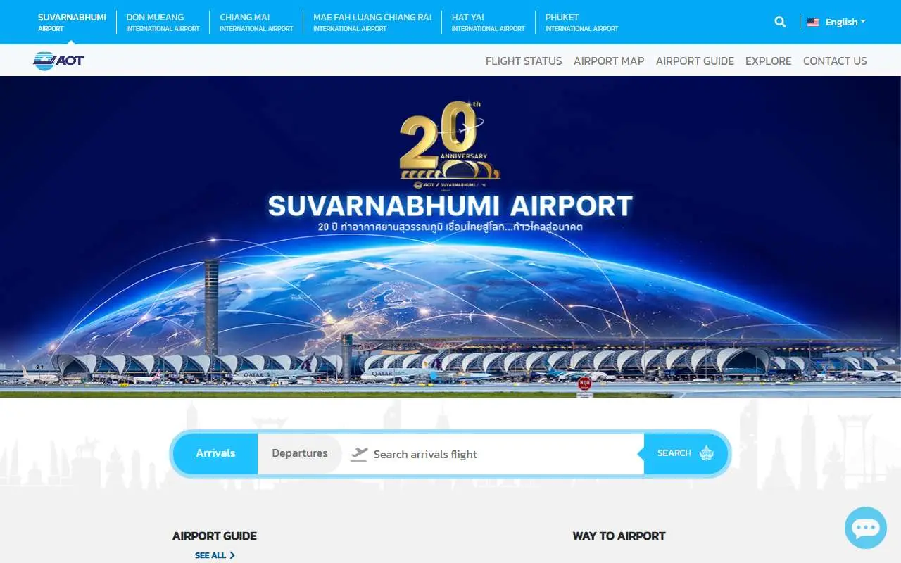 Tampilan website resmi Bandara Internasional Suvarnabhumi (suvarnabhumi.airportthai.co.th)