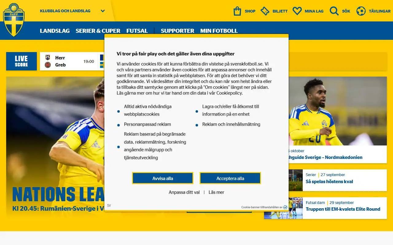 Tampilan website resmi Tim nasional sepak bola Swedia (svenskfotboll.se)