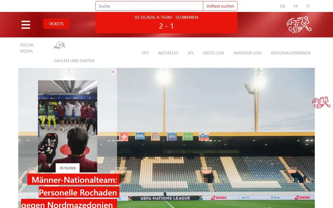 Tampilan website resmi Tim nasional sepak bola Swiss (football.ch)