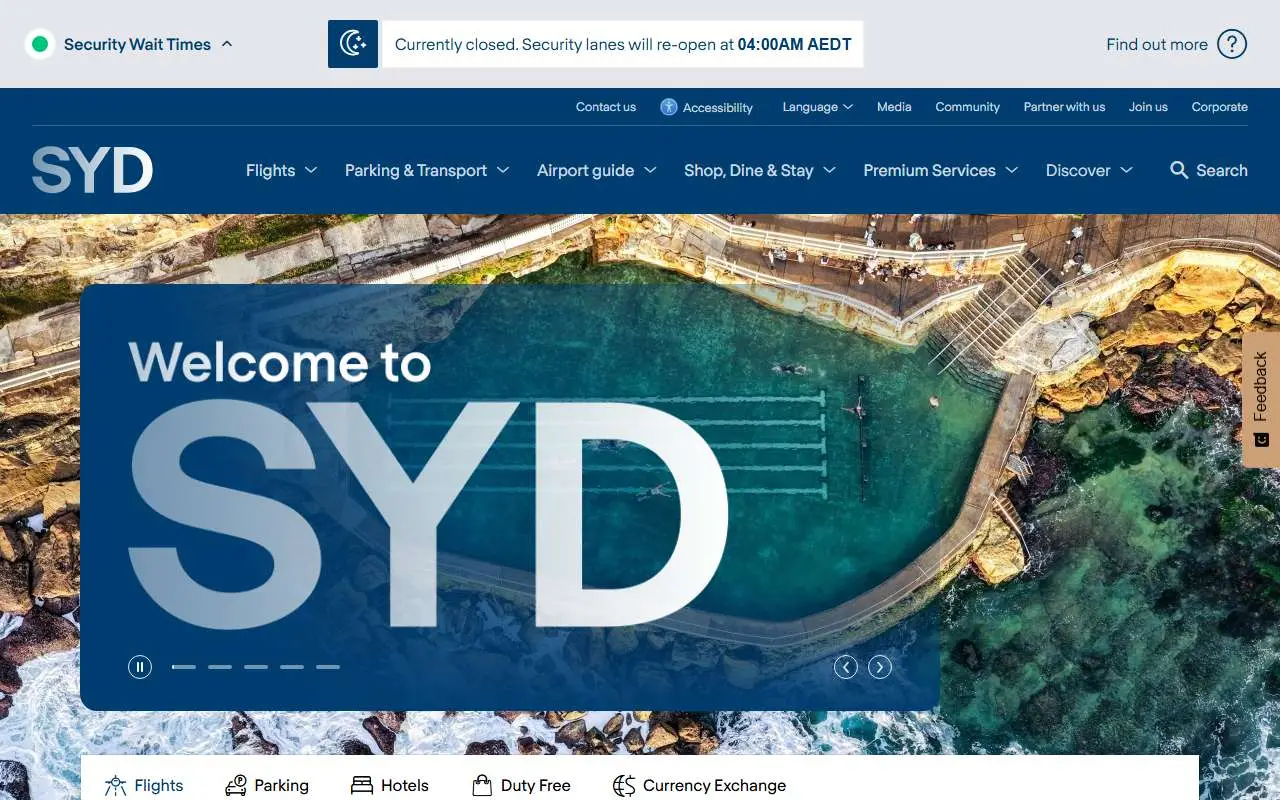 Tampilan website resmi Bandara Sydney (sydneyairport.com.au)