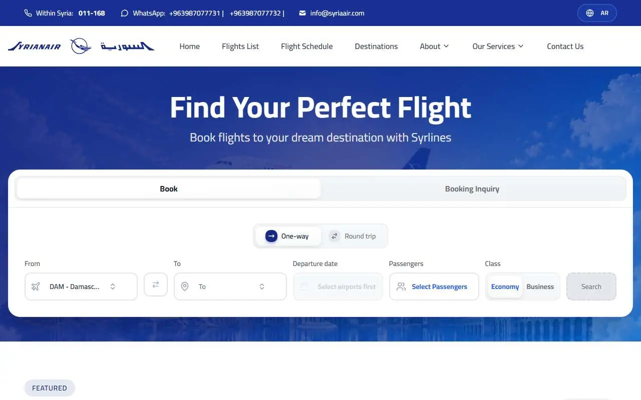 Tampilan website resmi Syrian Air (syrian-airlines.net)