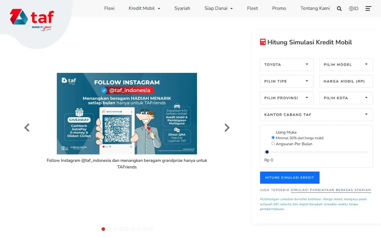Tampilan website resmi Toyota Astra Financial Services (taf.co.id)