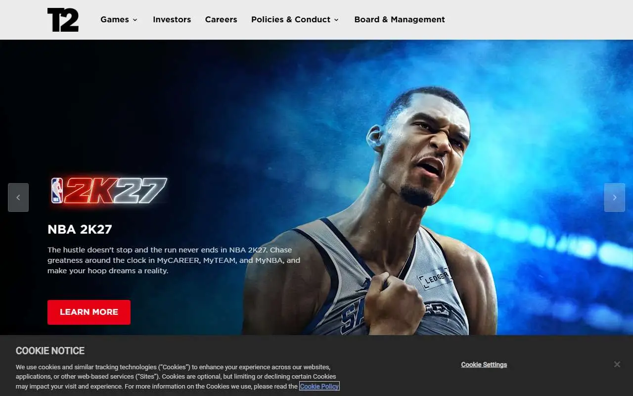Tampilan website resmi Take-Two Interactive (take2games.com)