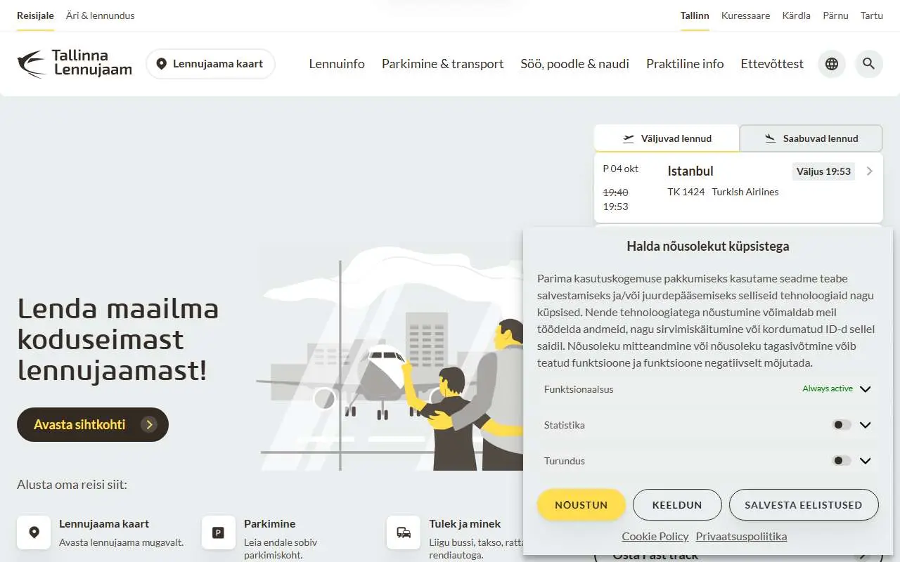 Tampilan website resmi Bandara Tallinn (airport.ee)
