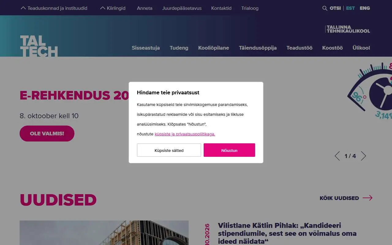 Tampilan website resmi Tallinn University of Technology (taltech.ee)
