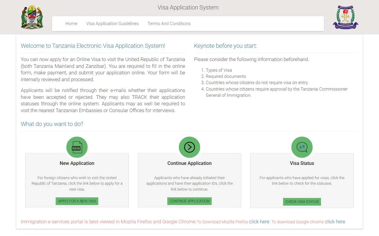 Tampilan website resmi Tanzania e-Visa (visa.immigration.go.tz)