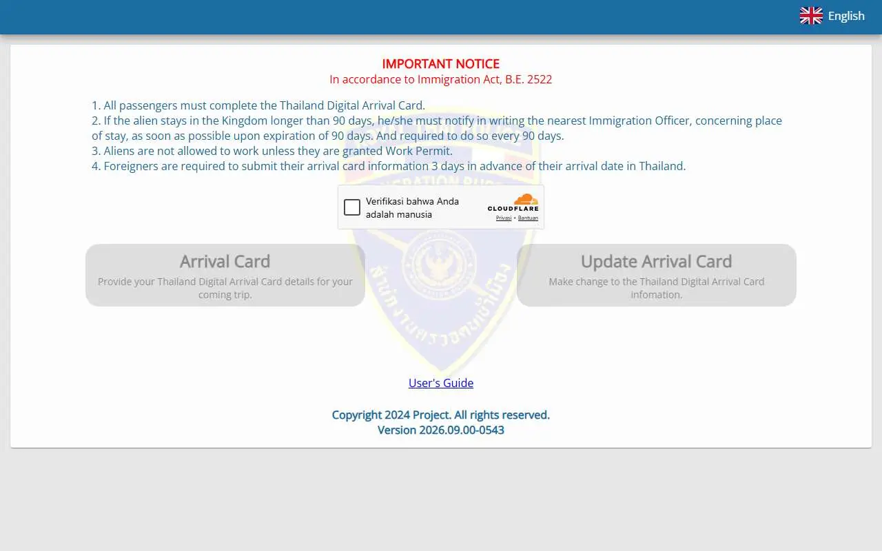 Tampilan website resmi Thailand Digital Arrival Card (tdac.immigration.go.th)
