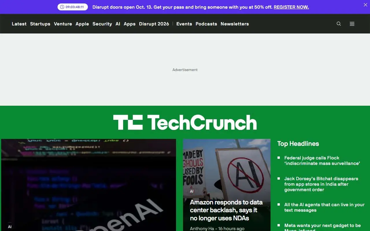 Tampilan website resmi TechCrunch (techcrunch.com)