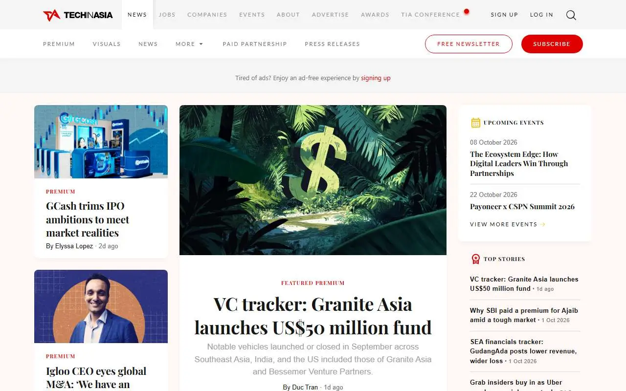 Tampilan website resmi Tech in Asia (techinasia.com)