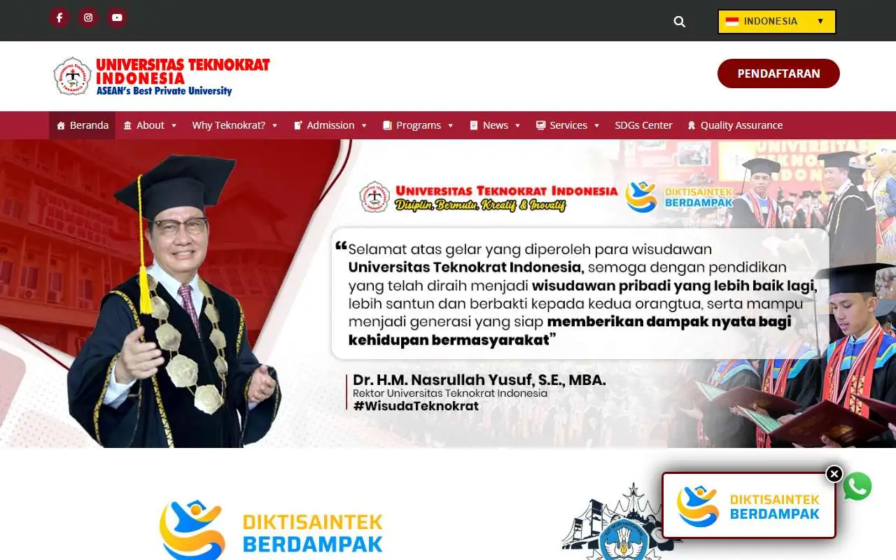 Tampilan website resmi Universitas Teknokrat Indonesia (teknokrat.ac.id)