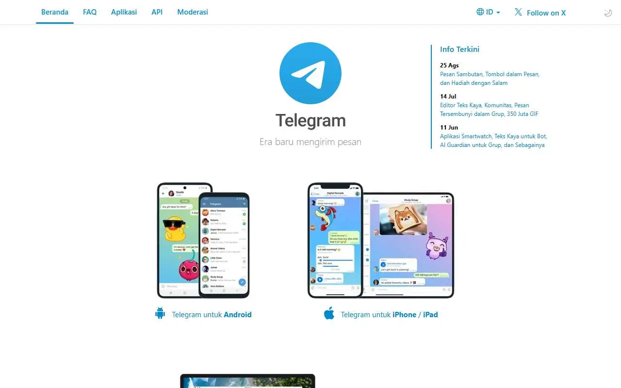 Tampilan website resmi Telegram (telegram.org)