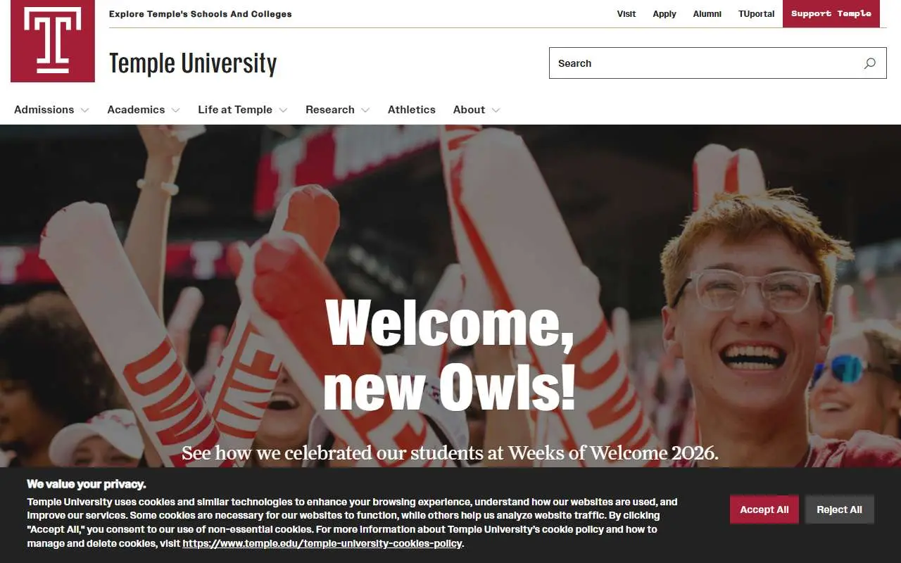 Tampilan website resmi Universitas Temple (temple.edu)