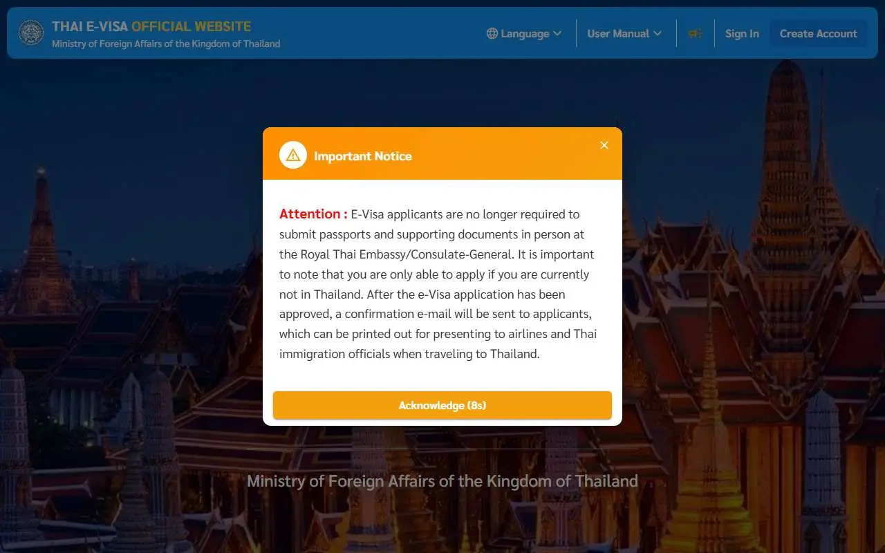 Tampilan website resmi Thailand e-Visa (thaievisa.go.th)