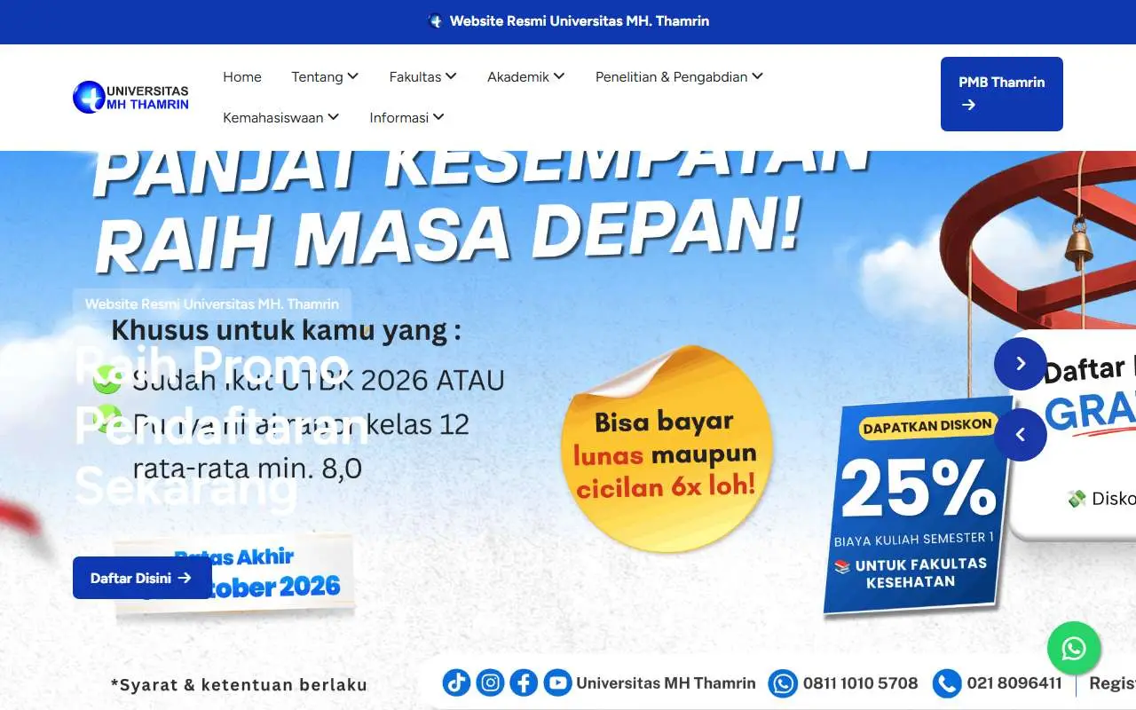 Tampilan website resmi Universitas MH Thamrin (thamrin.ac.id)