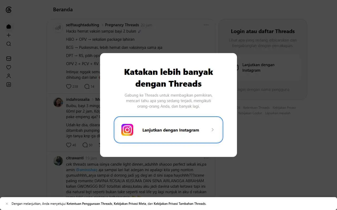 Tampilan website resmi Threads (threads.com)