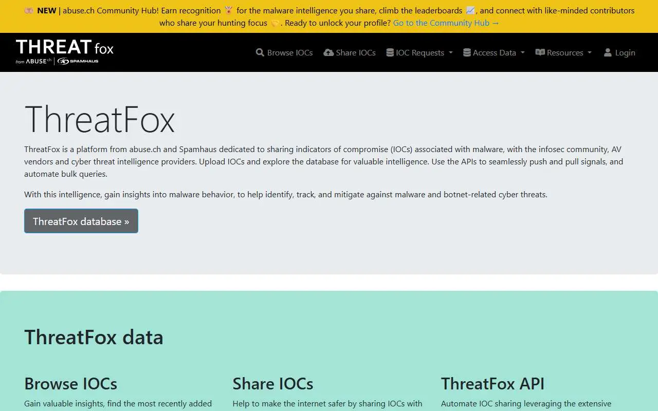 Tampilan website resmi ThreatFox (threatfox.abuse.ch)