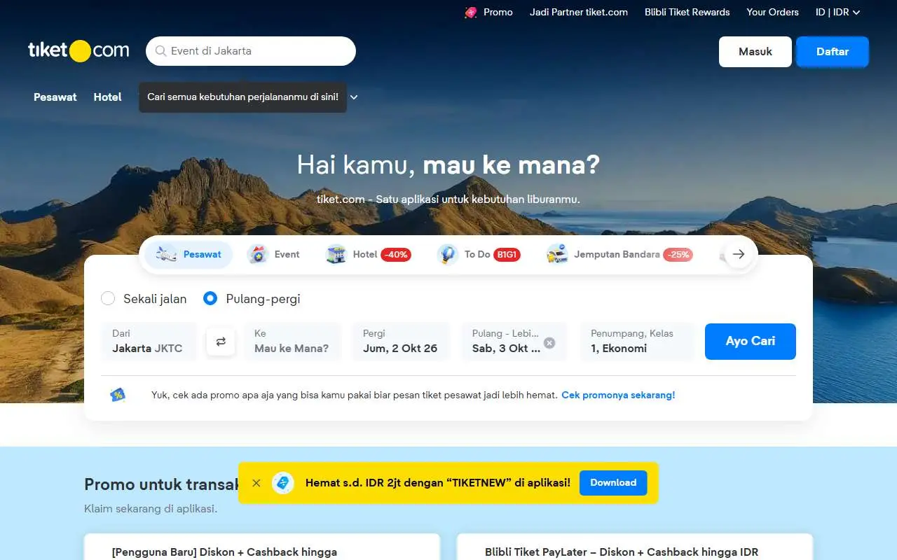 Tampilan website resmi tiket.com (tiket.com)