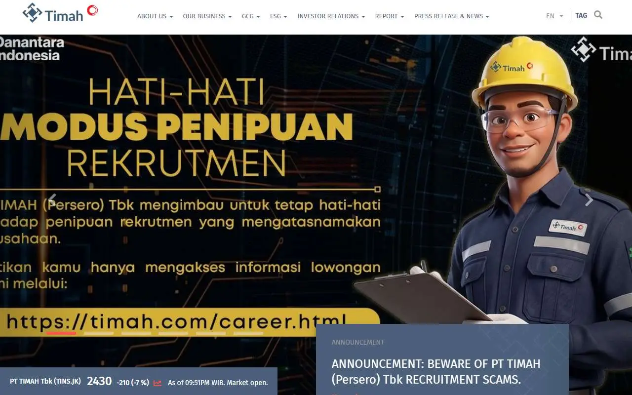 Tampilan website resmi PT Timah (timah.com)
