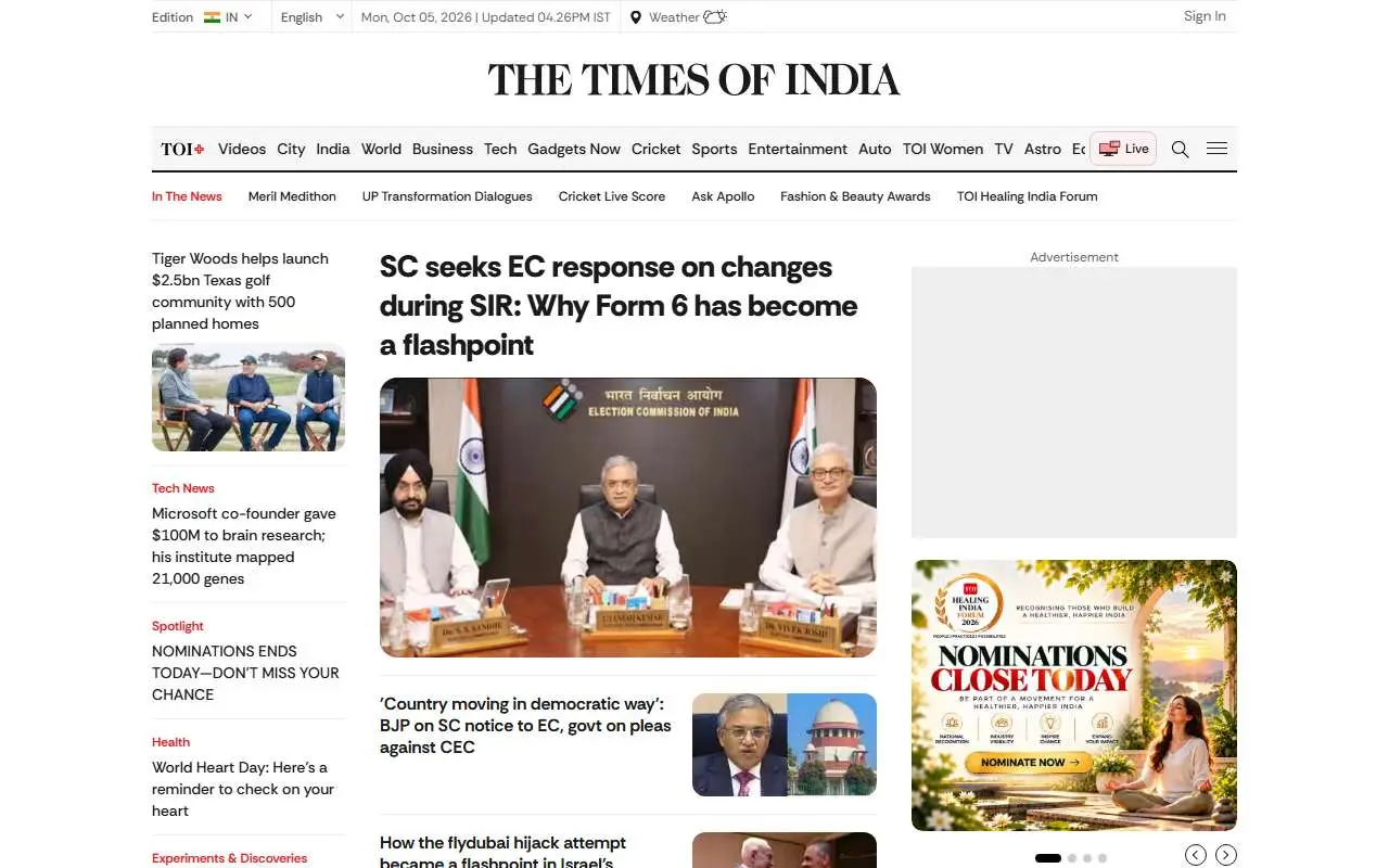 Tampilan website resmi The Times of India (timesofindia.indiatimes.com)