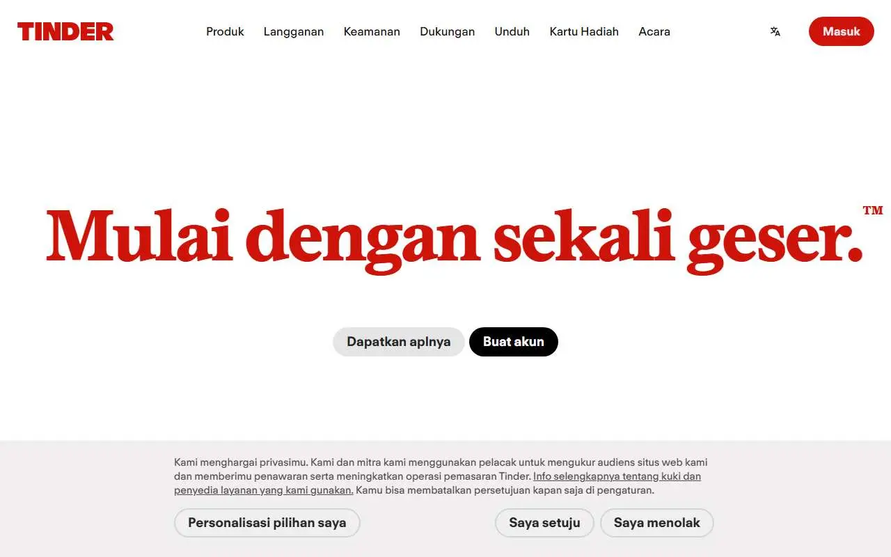 Tampilan website resmi Tinder (tinder.com)