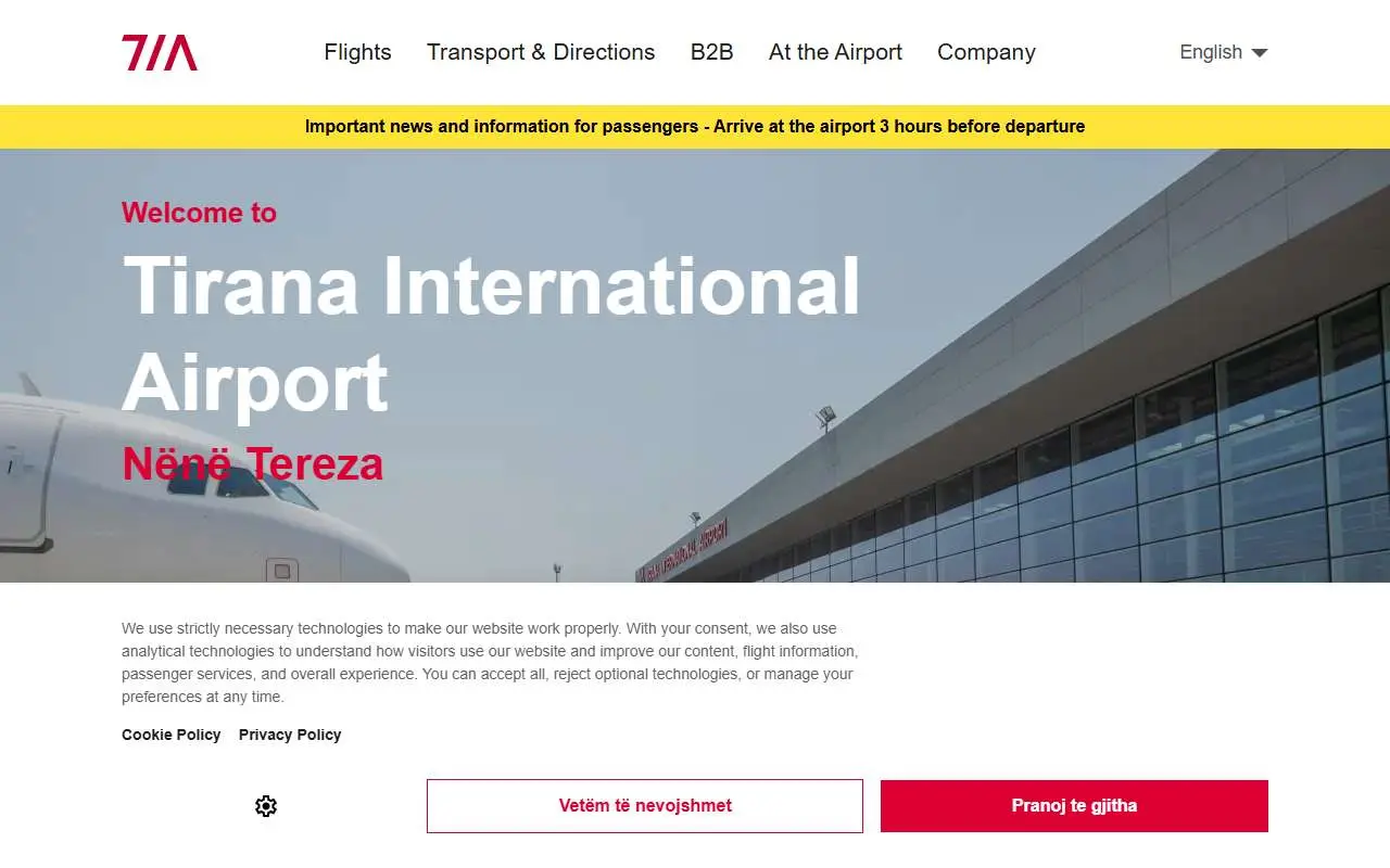 Tampilan website resmi Bandara Rinas Nënë Tereza (tirana-airport.com)