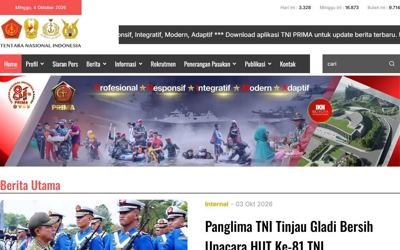 Tampilan website resmi TNI (tni.mil.id)