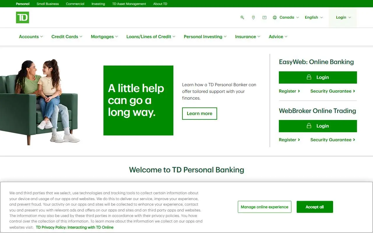 Tampilan website resmi Toronto-Dominion Bank (td.com)