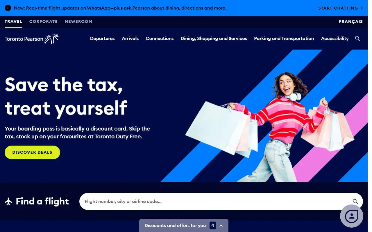 Tampilan website resmi Bandara Internasional Pearson Toronto (torontopearson.com)