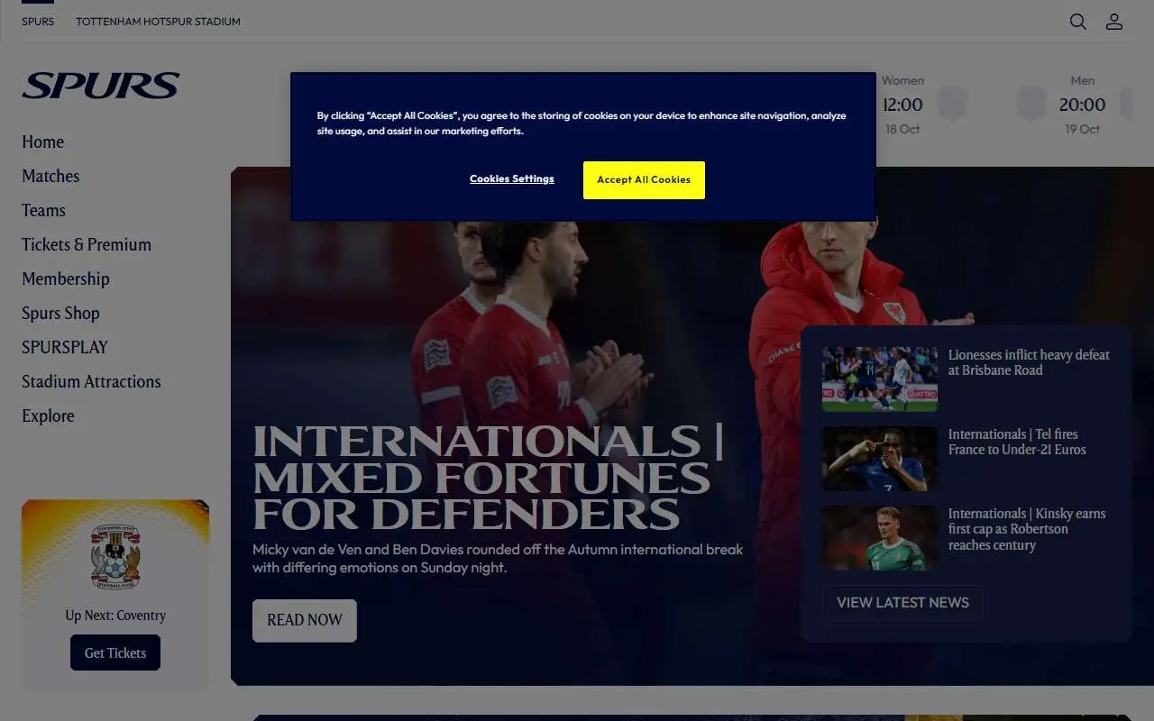 Tampilan website resmi Tottenham Hotspur F.C. (tottenhamhotspur.com)