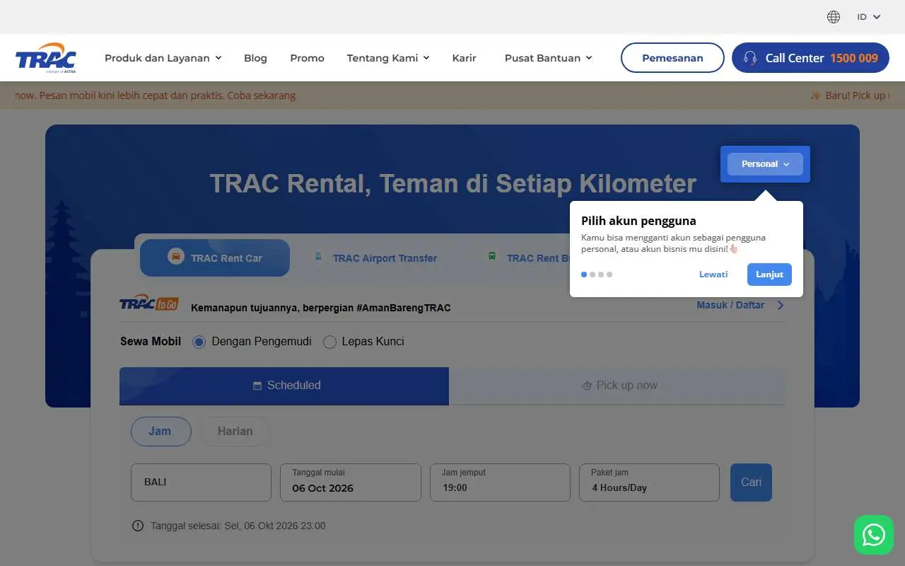 Tampilan website resmi TRAC Astra Rent a Car (trac.astra.co.id)