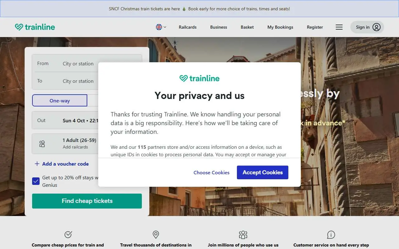 Tampilan website resmi Trainline (thetrainline.com)