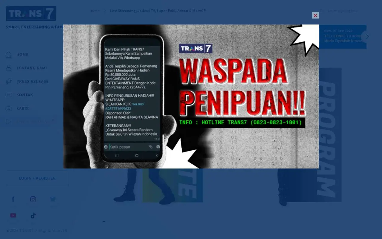 Tampilan website resmi Trans7 (trans7.co.id)