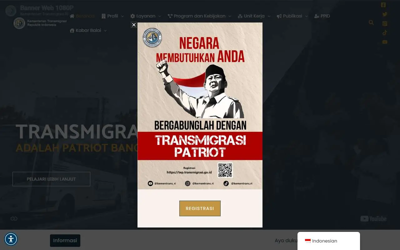 Tampilan website resmi Kementerian Transmigrasi (transmigrasi.go.id)