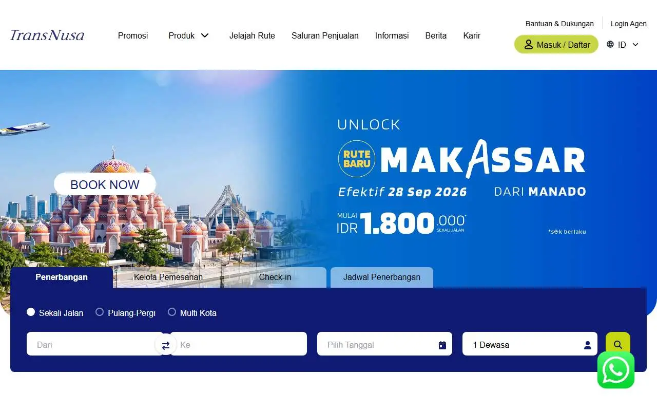 Tampilan website resmi TransNusa (transnusa.co.id)