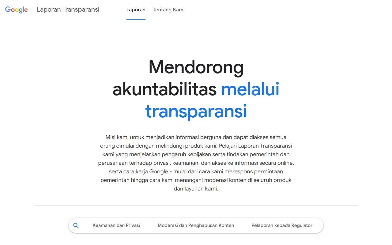 Tampilan website resmi Google Transparency Report (transparencyreport.google.com)
