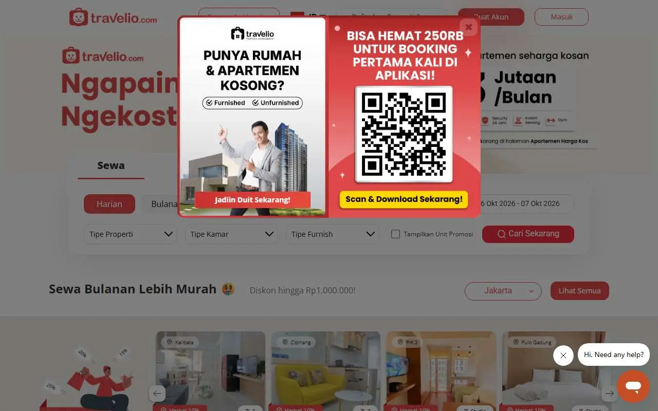 Tampilan website resmi Travelio (travelio.com)