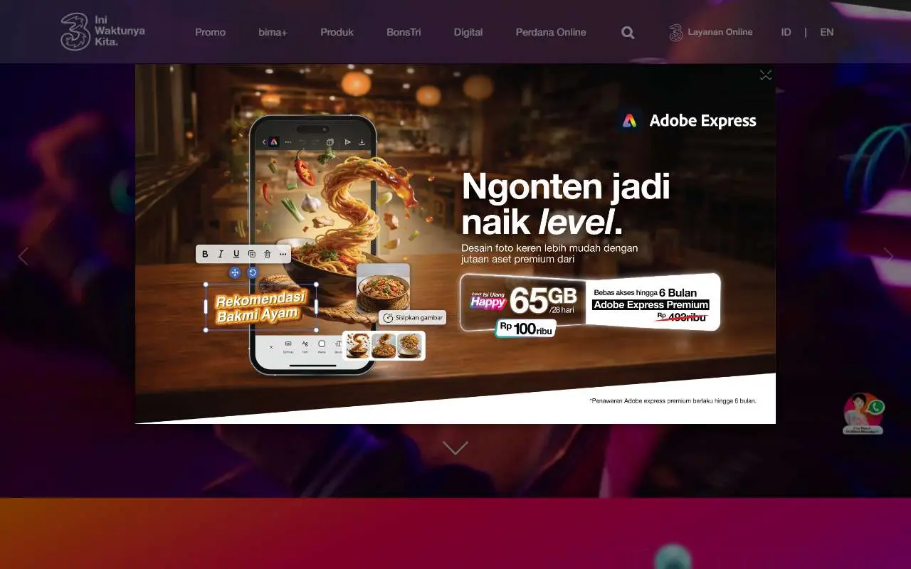 Tampilan website resmi Tri Indonesia (tri.co.id)