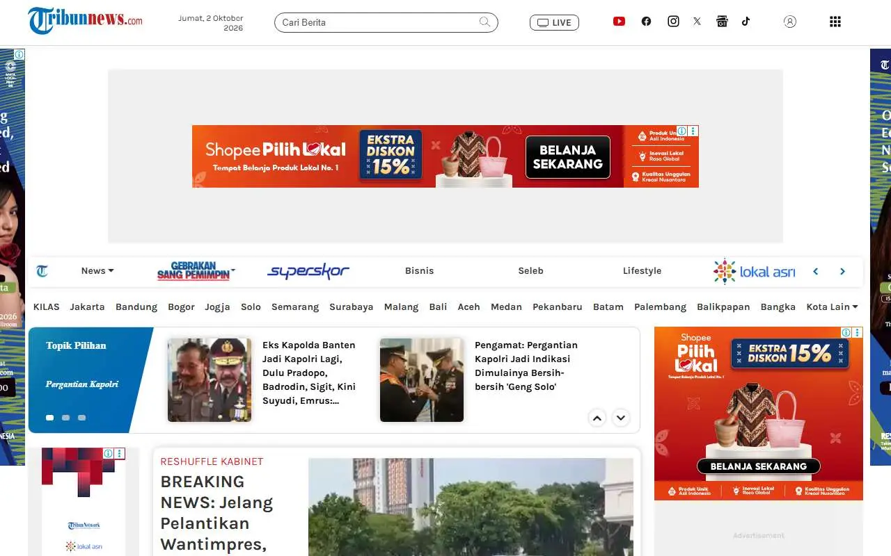 Tampilan website resmi Tribunnews (tribunnews.com)