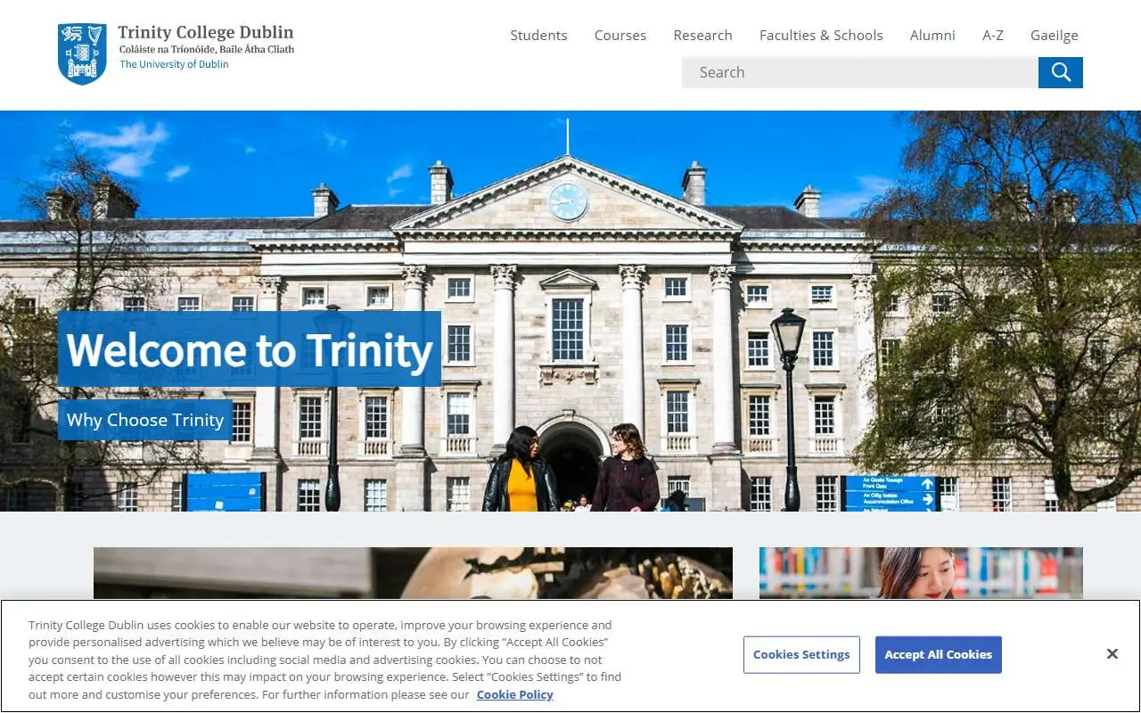 Tampilan website resmi Trinity College Dublin (tcd.ie)