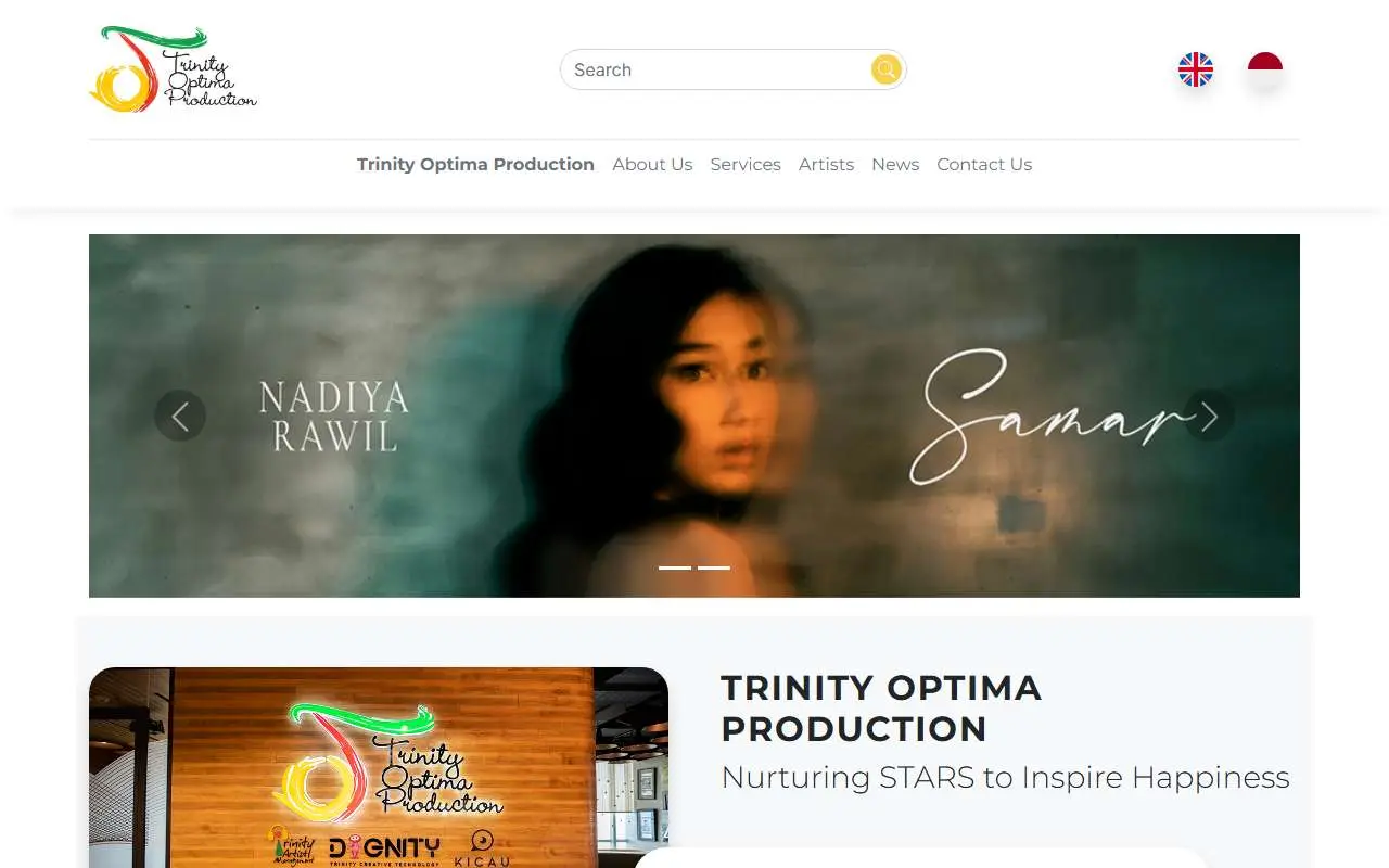 Tampilan website resmi Trinity Optima Production (trinityproduction.com)