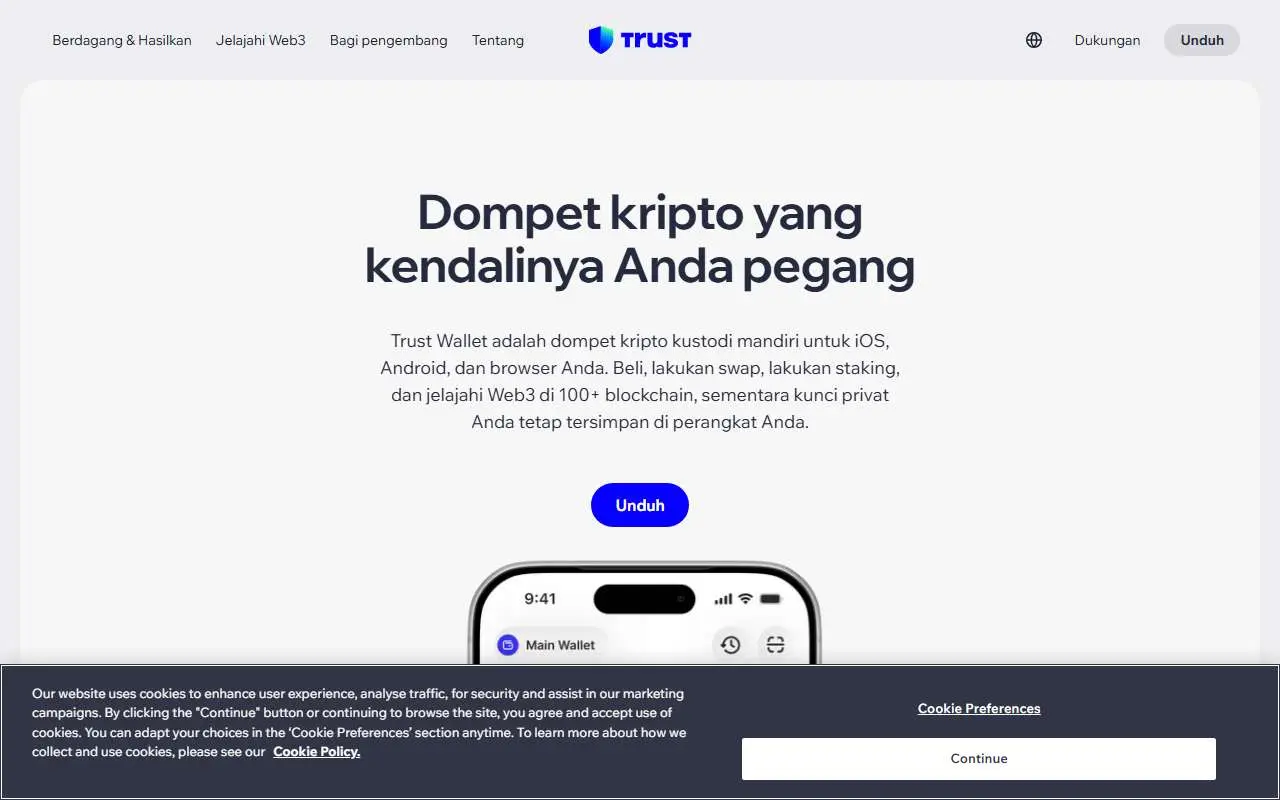 Tampilan website resmi Trust Wallet (trustwallet.com)