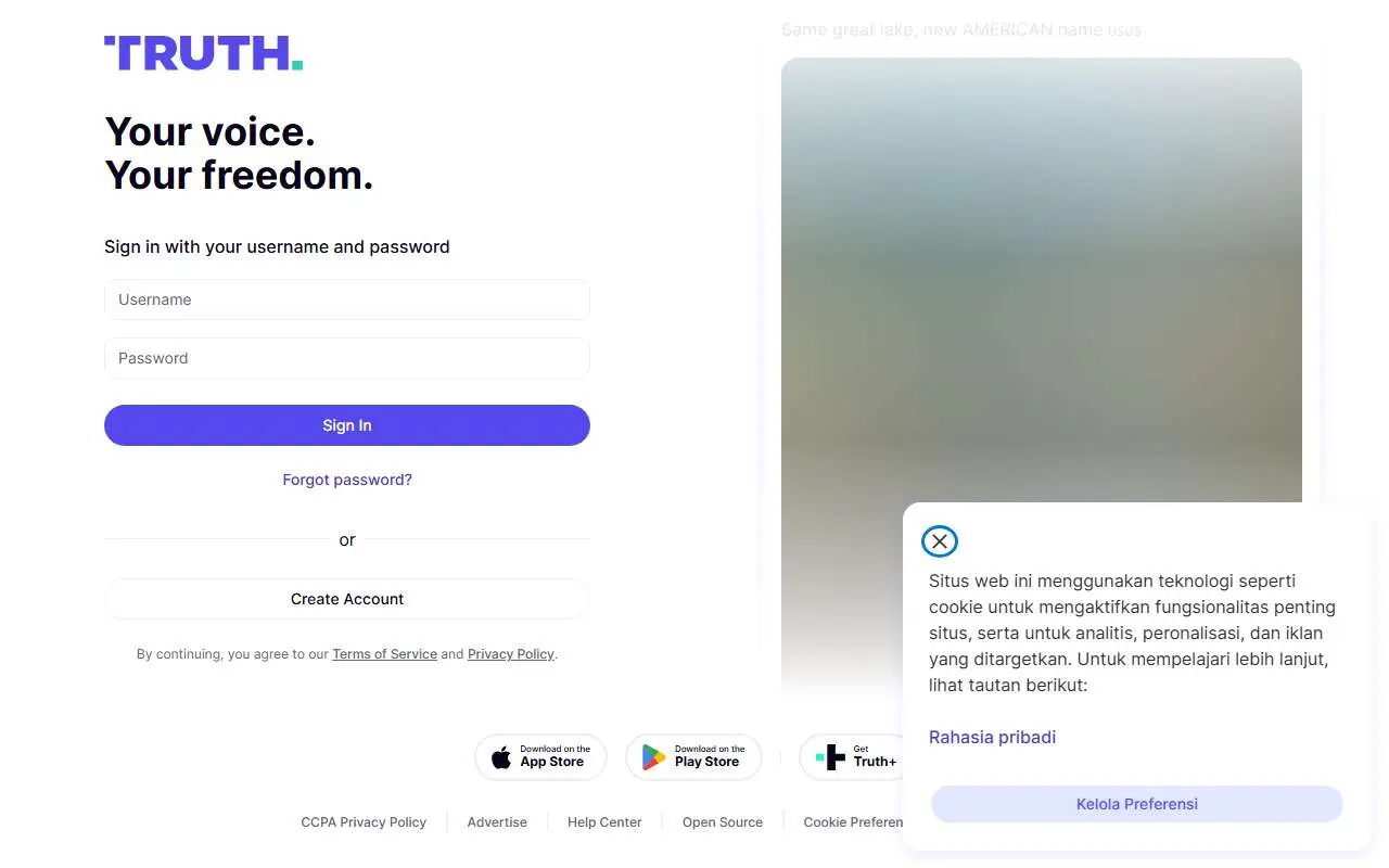 Tampilan website resmi Truth Social (truthsocial.com)
