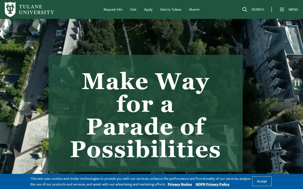 Tampilan website resmi Universitas Tulane (tulane.edu)